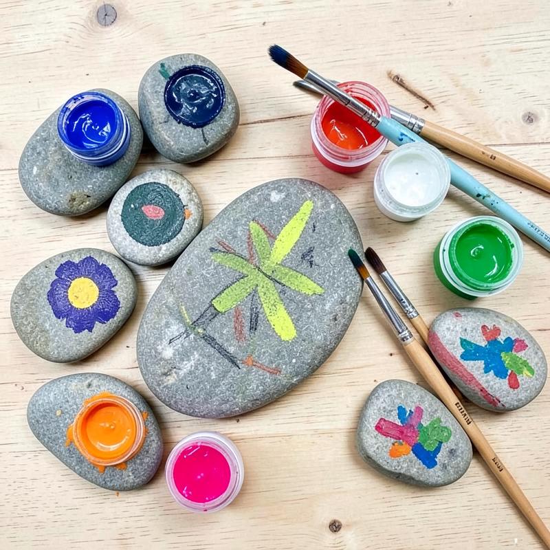 A beginner rock painting kit with paints, brushes and decorated rocks