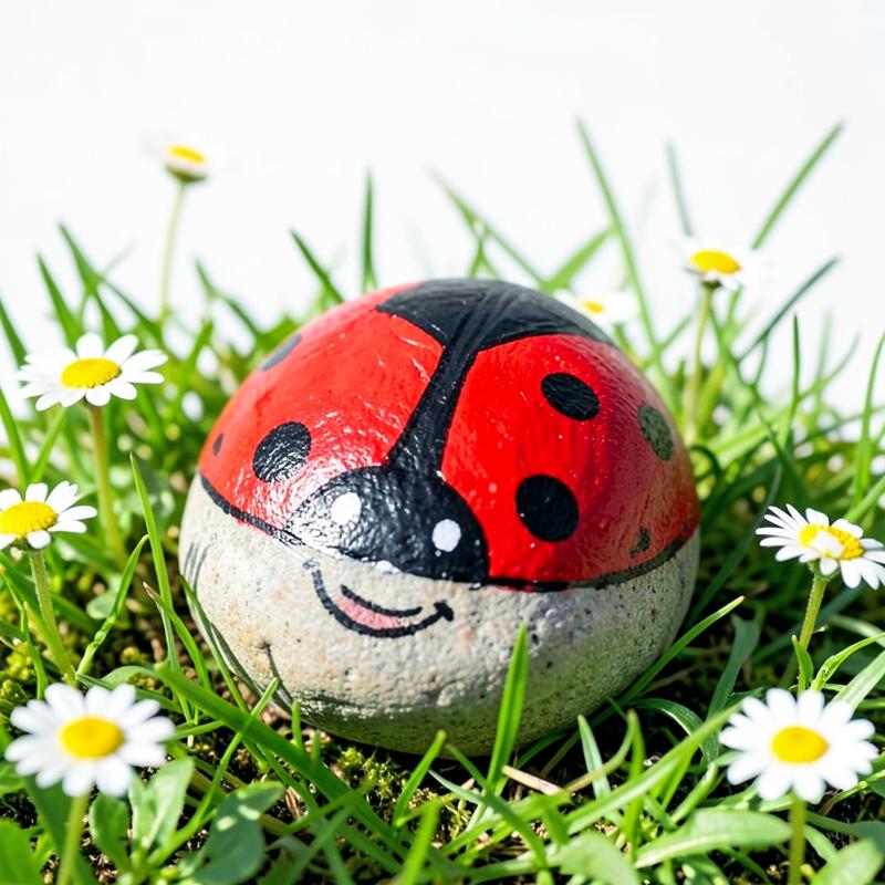 A river rock painted as a smiling red ladybug sitting in grass