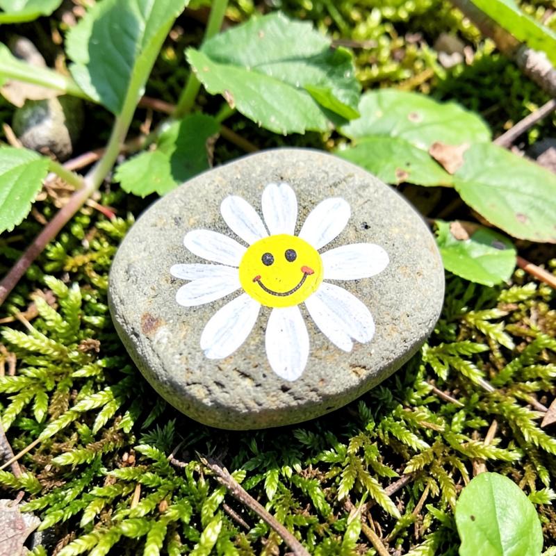 A rock painted with a smiling white daisy resting on moss