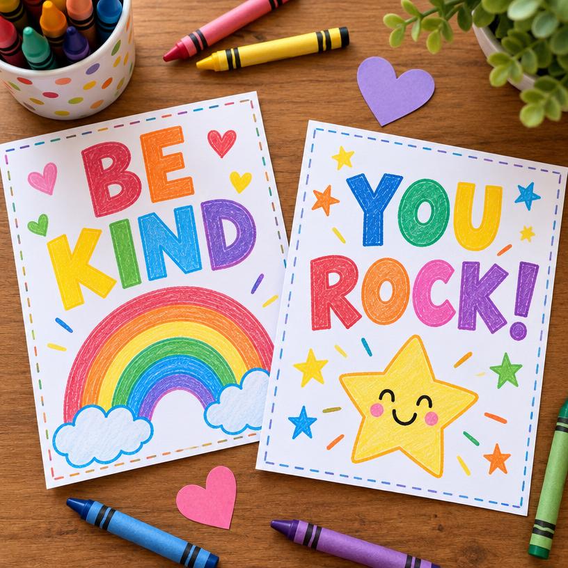Printable kids cards reading Be Kind and You Rock with rainbow artwork