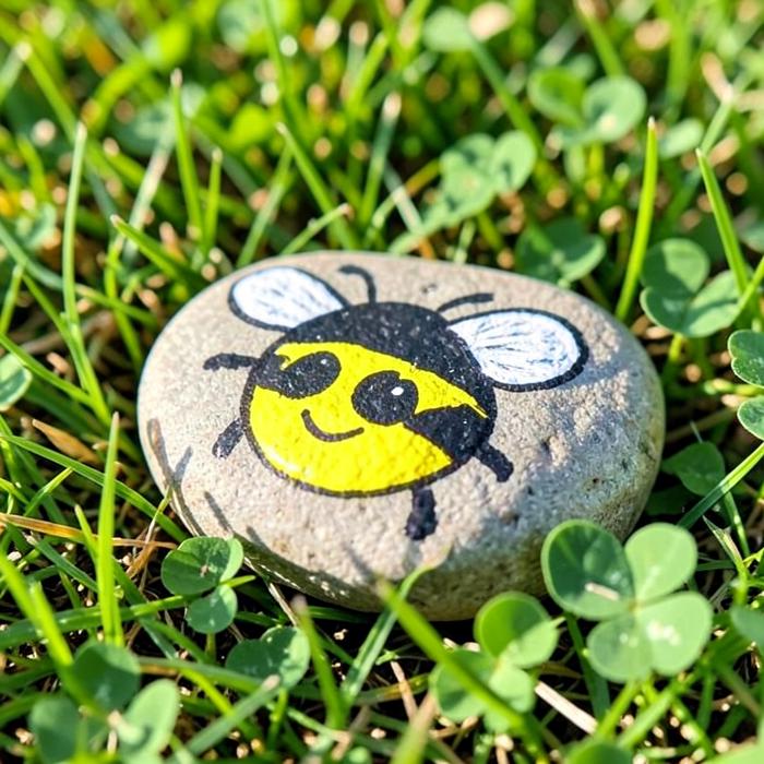 A rock painted as a happy bumble bee
