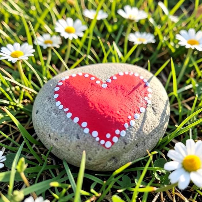 A rock painted with a red heart and white dots