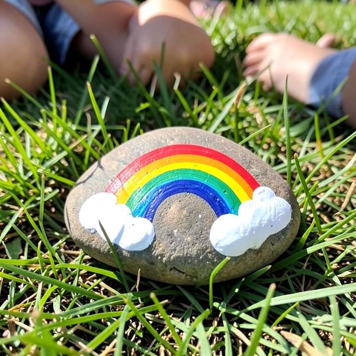 A rock painted with a rainbow and clouds