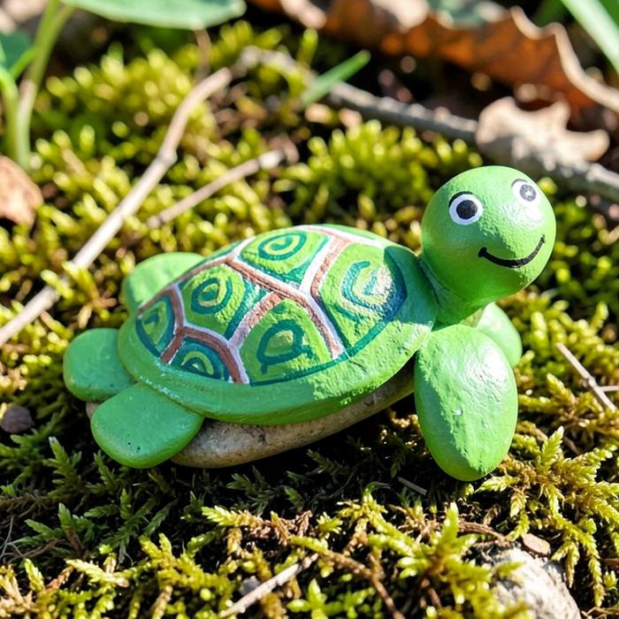 A rock painted as a friendly green turtle